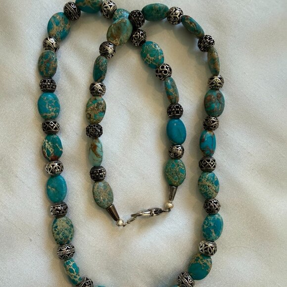 Turquoise Necklace w/ Carved Bone Horse Head Pendant 31 inches in Length - Picture 2 of 9